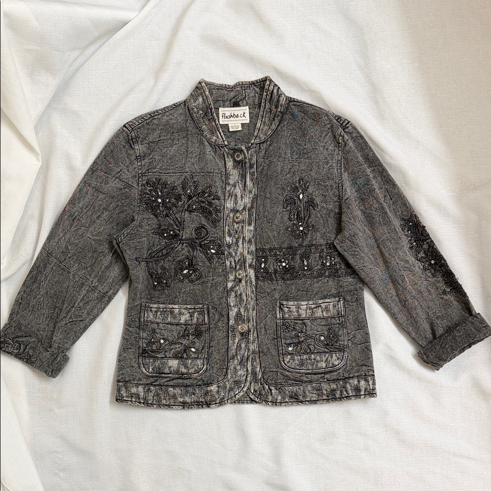 Vintage Flashback Women's Gray Embroidered Jean Jacket